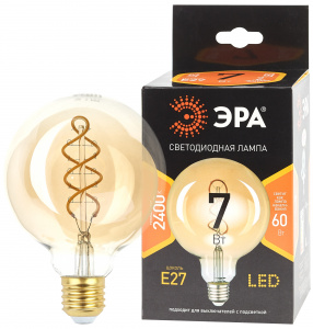 Лампа F-LED G95-7W-824-Е27 spiral gold (филамент, шар спир зол, 7Вт, тепл) лампа Эдисона  ЭРА